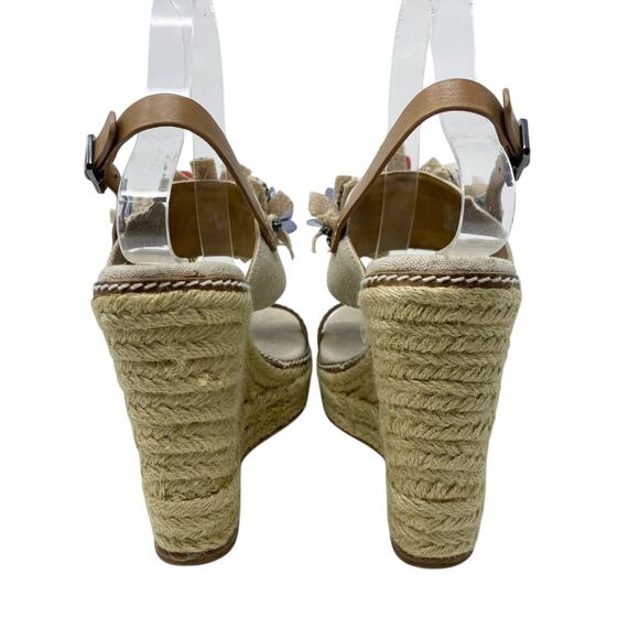Tory Burch Tan Espadrille High Heel Wedge Sandals w Floral Detail Women's Sz 7.5 - Picture 6 of 11